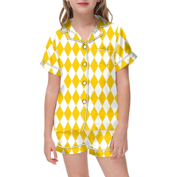 Aocisk Sleepwear Kids Childrens Fashionable Rhombus Print Button Down Lapel Short Sleeve Top Shorts Pajama Set for Kids 2 13 Years Girls Pajama Set Yellow 12-13 Years