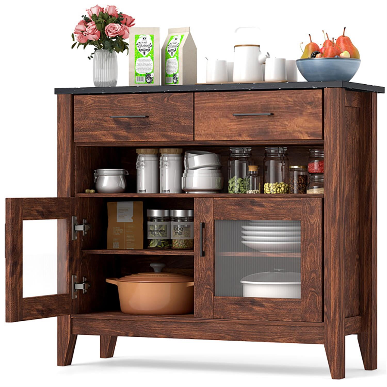 Demi Bonn 39" Sideboard Buffet Cabinet with 2 Drawers and 1 Open Compartment, Kitchen Storage Cabinet, Wood Coffee Bar Buffet Table for Dining Room, Brown