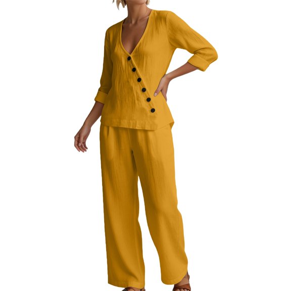 IWRICH Linen Sets for Women 2 Piece V-Neck 3/4 Sleeve Button down Top Wide Leg Pants Casual Summer Outfits Travel Yellow XL