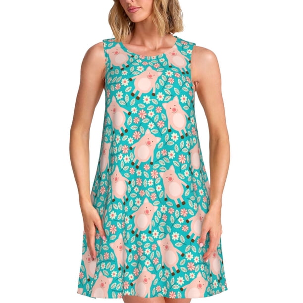 Fotbe Pig And Flower Vestido de Verano sin Mangas para Mujer – Vestido Midi Línea A, Estilo Camiseta Floral, Vestido Playero Casual y Fluido