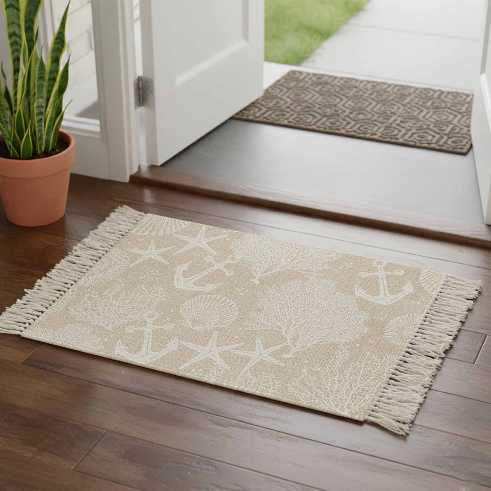 Kitchen Runner Rugs Nautical Anchor Ocean Starfish 2 x3 Throw Rug with Tassels Marine Coral Shell Conch Washable Soft Floor Carpet Runner for Hallway Bedroom Bathroom Laundry Room