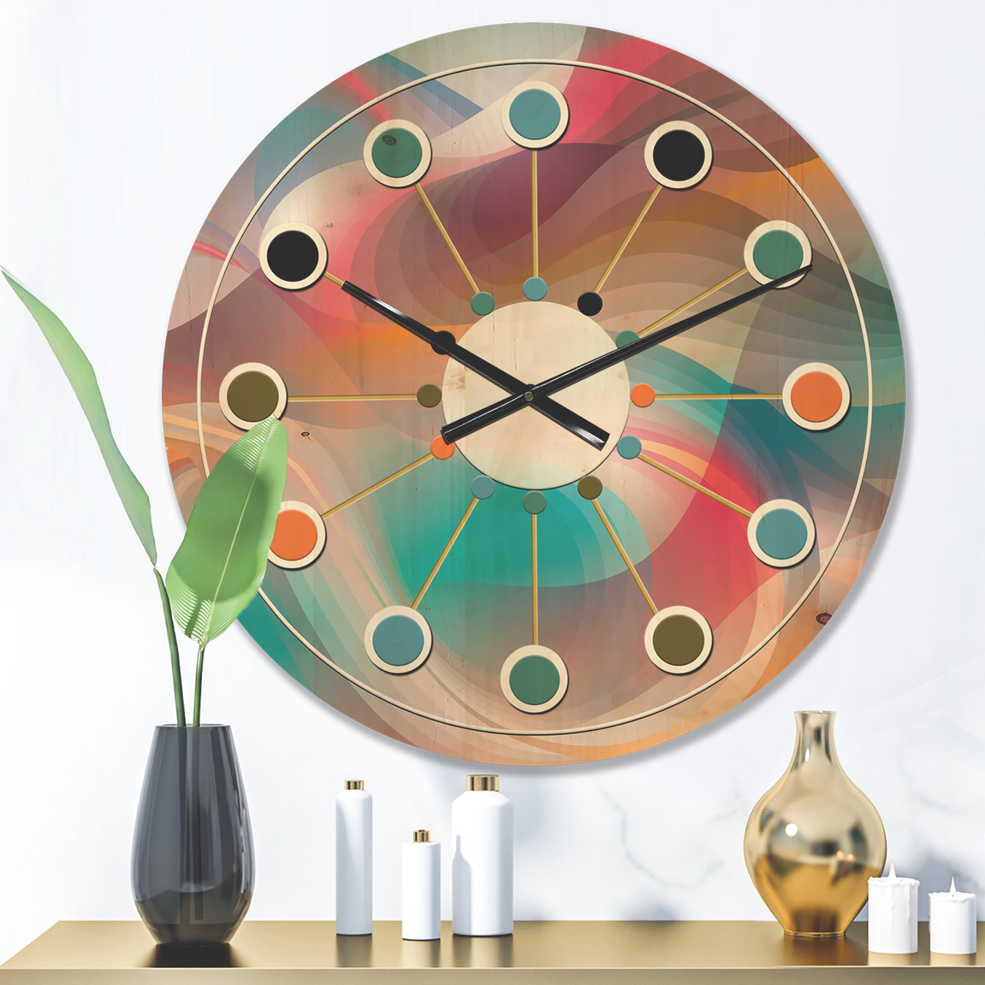 Designart 'Shining Colour Waves Retro Pattern' Mid-Century Modern Wood Wall Clock