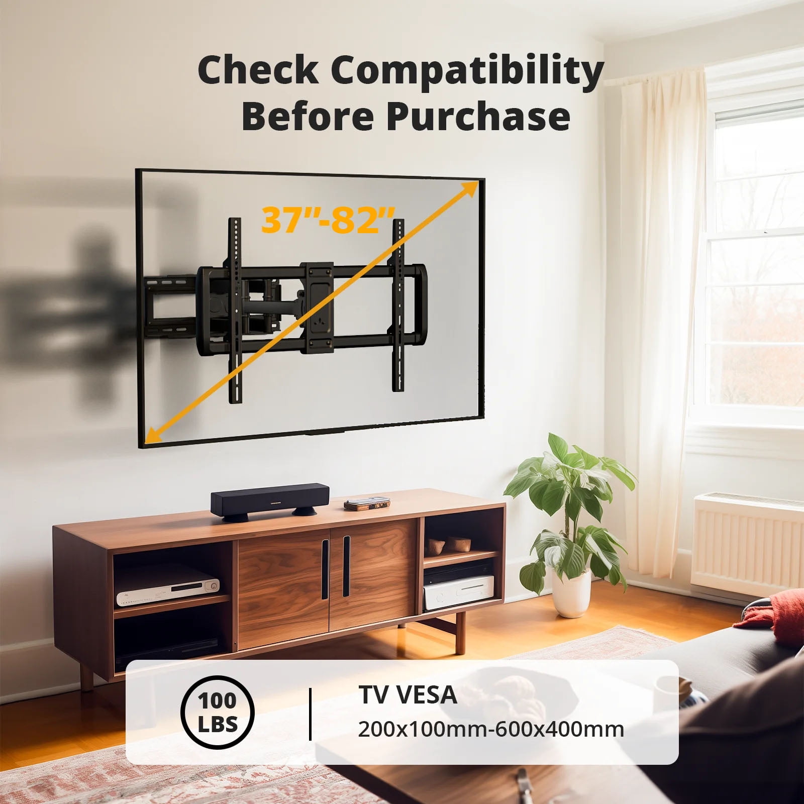 MountFTV Full Motion TV Wall Mount for Most 37-82 inch TVs, TV bracket with Swivels Tilts Extension Leveling,Max 600x400mm, Holds up to 100 lbs,Fits 8 12 16" Wood Studs 