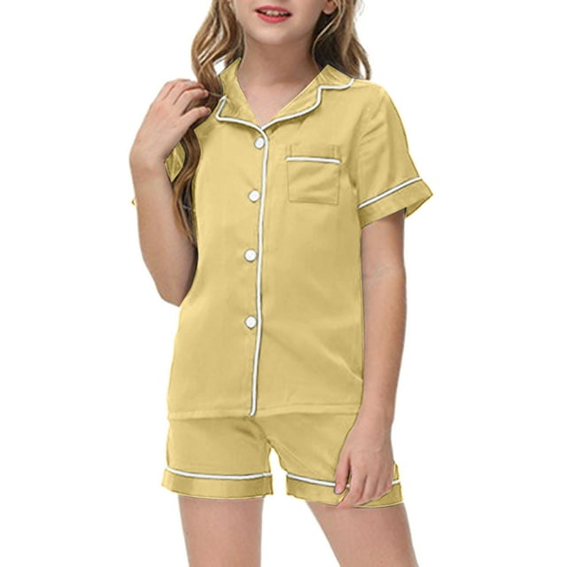 Ensemble de Pyjama pour Filles Pyjamas en Satin pour Enfants Pyjama Boutonné avec Shorts Pyjamas pour Tout-Petits Pyjamas pour Enfants 4-5