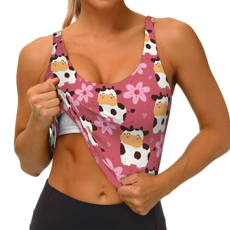 Qokaie Cow And Flower Pattern Womens Scoop Neck Sports Bra Breathable Workout Vest Padded U Back Medium Impact Fitness Gym Yoga Bra Workout Crop Top
