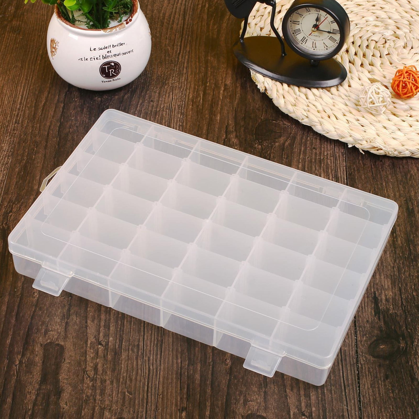 Manunclaims 36 Grids Plastic Organizer Box with Adjustable Dividers, Clear  Storage Container for Beads Jewelry Fishing Tackles Letter Board Letters  with Label Stickers 