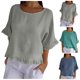 thumbnail image 5 of Blusa de manga corta con cuello redondo y volantes en el bajo, mezcla de lino, para mujer - S-XXXL, 5 of 5