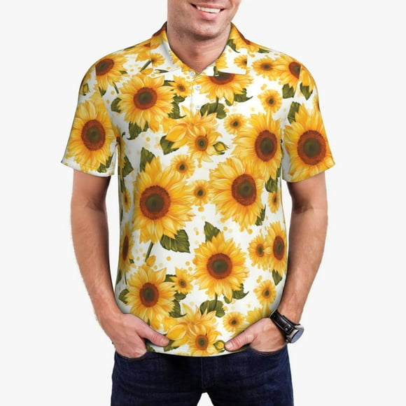 Saiise Polo de Golf pour Hommes à Pois Jaunes avec Imprimé Tournesol, Évacuation de l'Humidité, Séchage Rapide, Polo de Performance à Imprimé pour Hommes-4X-Grand