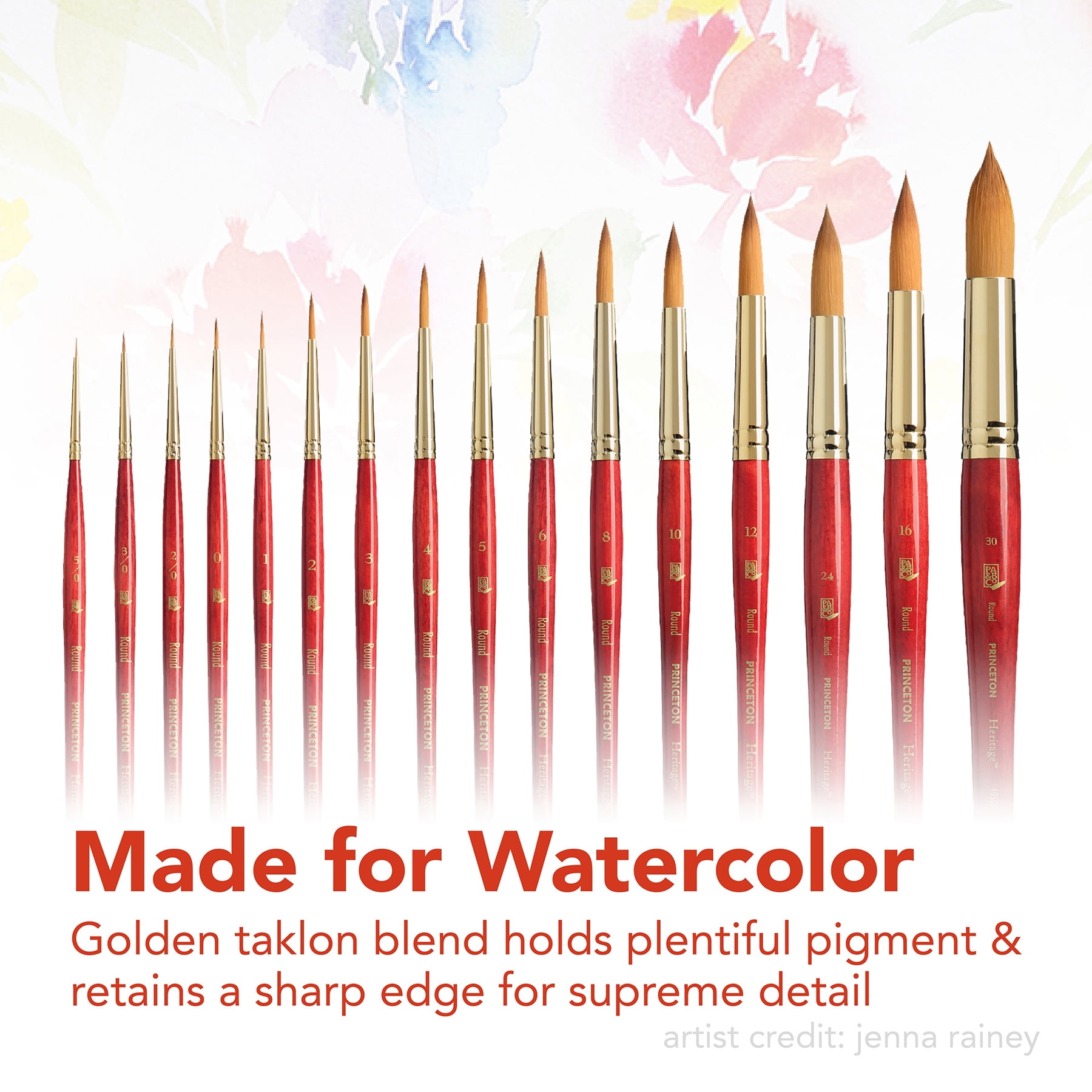 Princeton Heritage Round Brush, Synthetic Bristles, Short Handle Watercolor Paintbrush, Scarlet, Size 6, Pack of 2