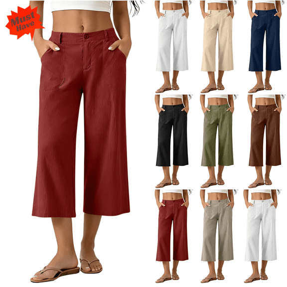 DailyTrove Women's Linen Blend Wide Leg Capri Pants, High Waisted Casual Cropped Trousers