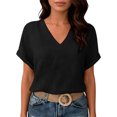 thumbnail image 5 of idosla Womens Summer Gauze Blouses Crinkle Texture V Neck Short Sleeve Pullover Shirts Solid Color Work Camping Outfits Top (Black, XL), 5 of 7