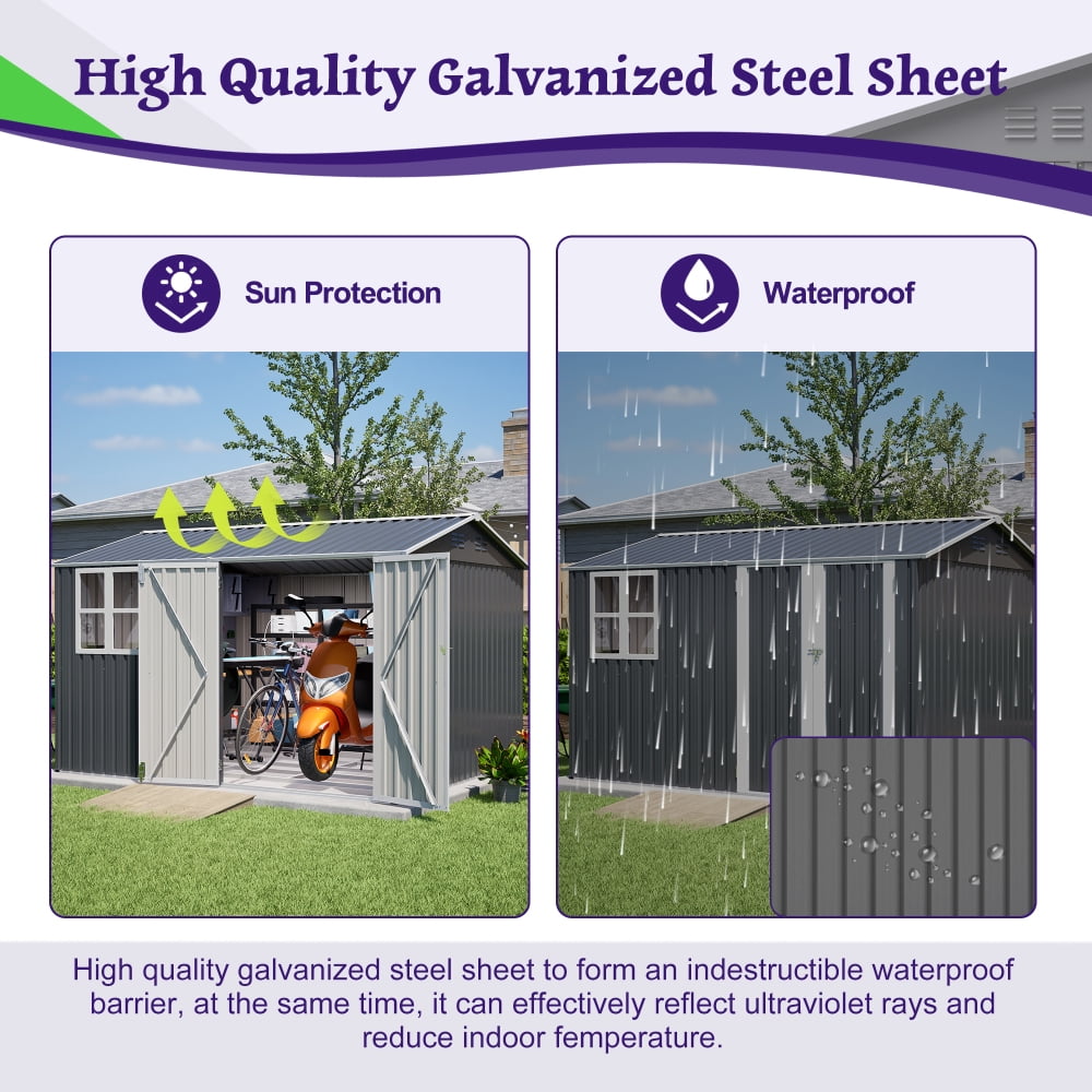 10x8FT Outdoor Steel Storage Shed - Lockable Doors & Clear Window for Garden/Patio Tools