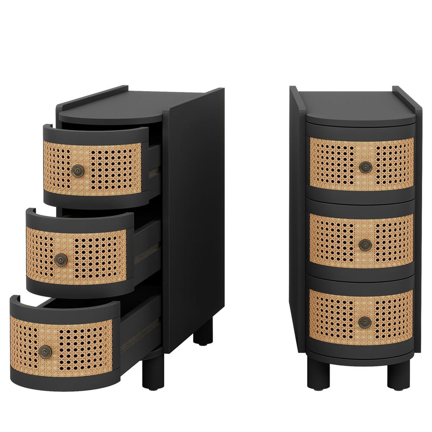 Demi Bonn 26" Wood Nightstand with 3-Drawers, Bedside End Table for Bedroom, Modern Rattan Side Table with Storage, Black