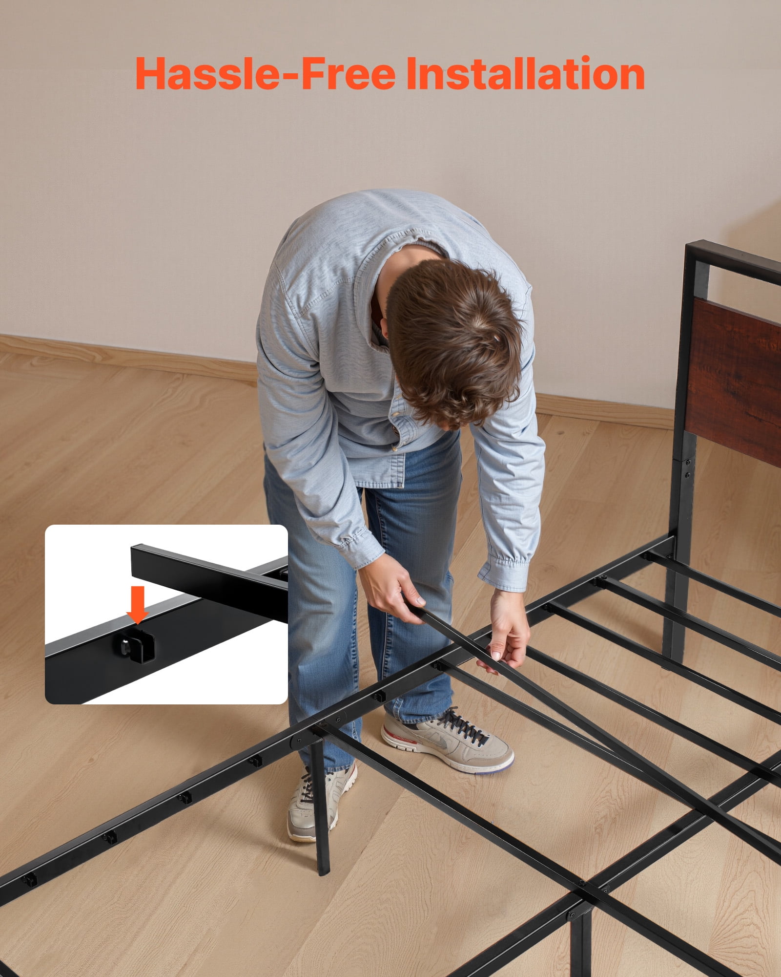 VEVOR King Size Bed Frame, 14 Inch Black Metal Platform Bed Frame with Retro Brown Wooden Headboard and Footboard, Large Under-Bed Storage, Non-Slip Without Noise, No Box Spring Needed, Easy Assembly