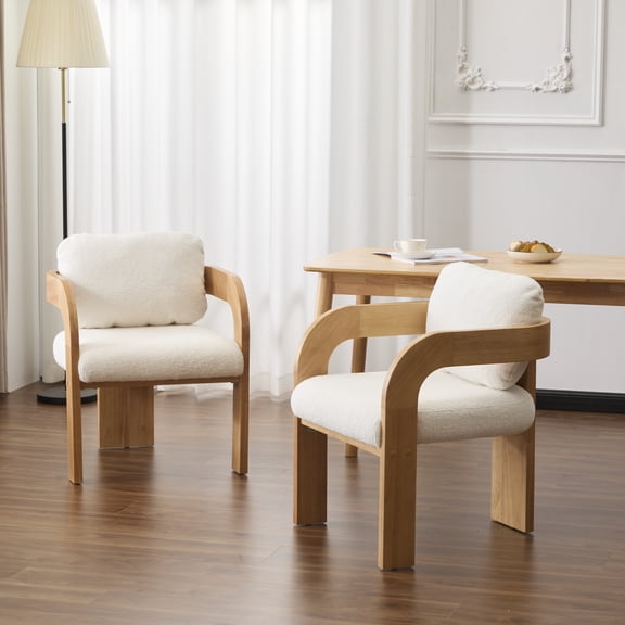 Pinovk 2-Pack Dining Chairs with Pillow Back, White Boucle Fabric, Natural Color Solid Wood Frame
