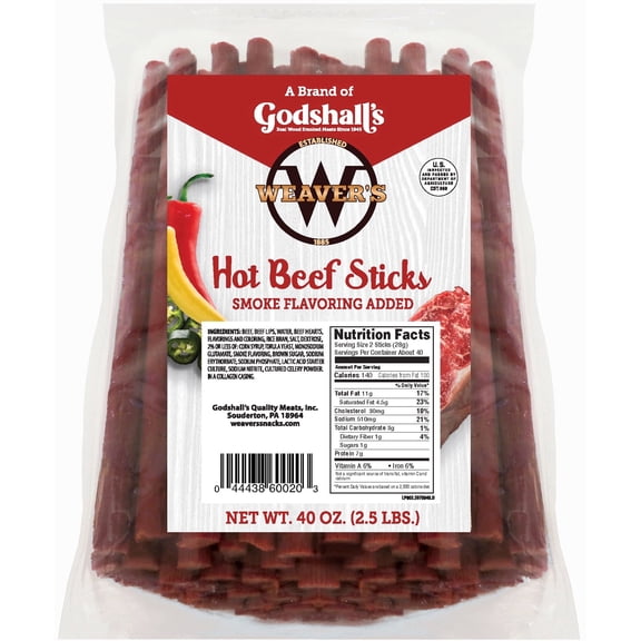 Weavers Hot Beef Sticks 80 Hot and Spicy 6.5 Inch Beef Sticks per 40oz Bag