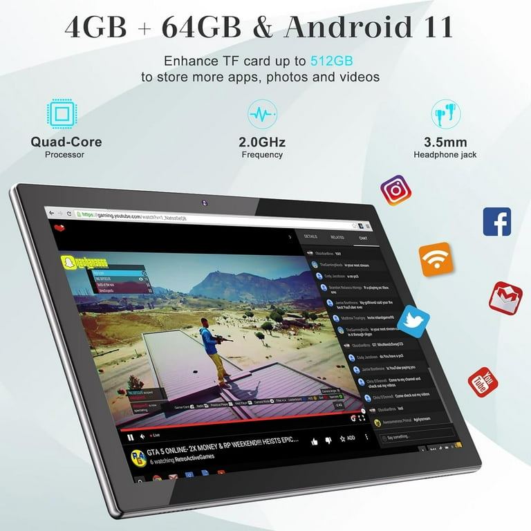 10 Inch Tablet, 64GB Storage Tablets, Android 12 Tablet, 512GB Expand 8MP  Camera, Quad-Core Processor 4GB RAM WiFi Tablet, 6000mAh Battery, 10.1'' ...