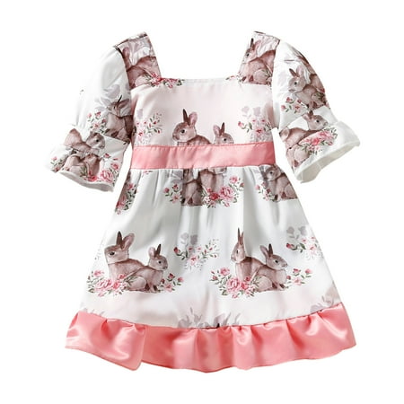

simu Easter Clothes Baby Boy Girl Toddler Girls Easter Flare Sleeve Cartoon Rabbit Printed Ruffles Bowknot Princess Dress Clothes for Baby Clothes Girl