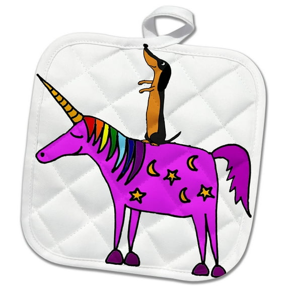 3dRose, Cool Humorous Dachshund Dog Riding Unicorn Cartoon, 8x8 Potholder