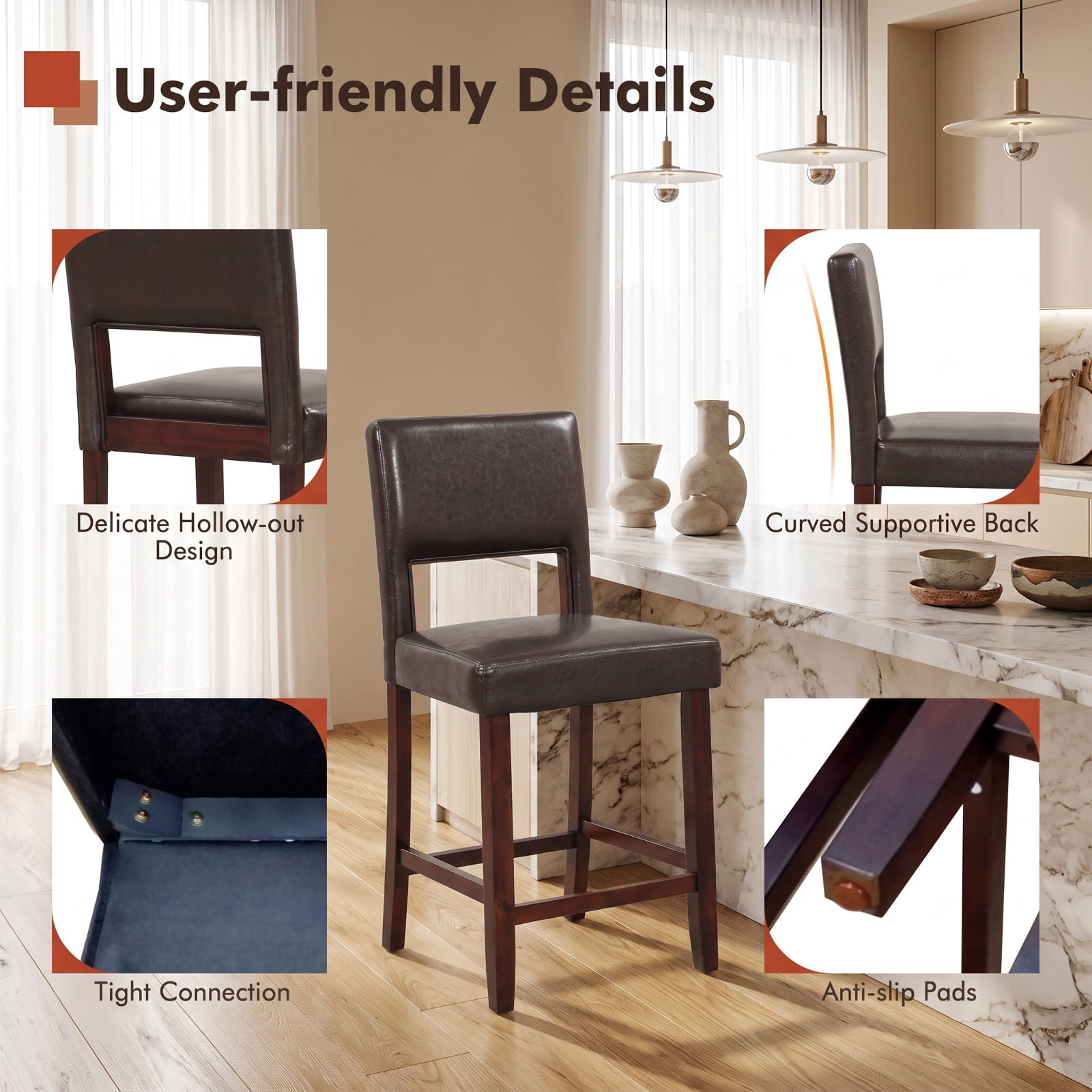 Furnibear Set of 2 Bar Chairs with Hollowed Back and Rubber Wood Legs in Brown