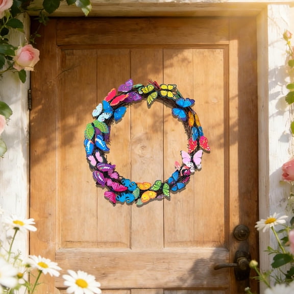 Easter Decoration 3D Butterfly Wreaths Spring Wreaths for Front Door Colorful Butterfly Artificial Wreath Decoration Spring Farmhouse Decor Easter Door Wreath for Home Porch Window Wall Decor
