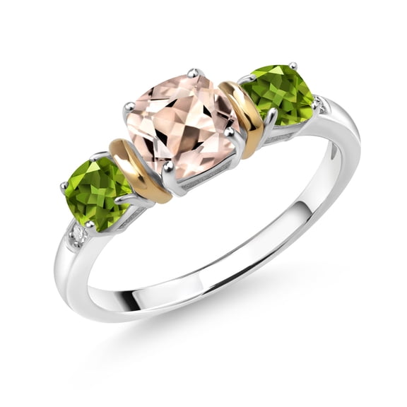 Gem Stone King 1.50 Ct Cushion Peach Morganite Green Peridot 925 Silver and 10K Yellow Gold Diamond 3-Stone Women Ring (Size 6)
