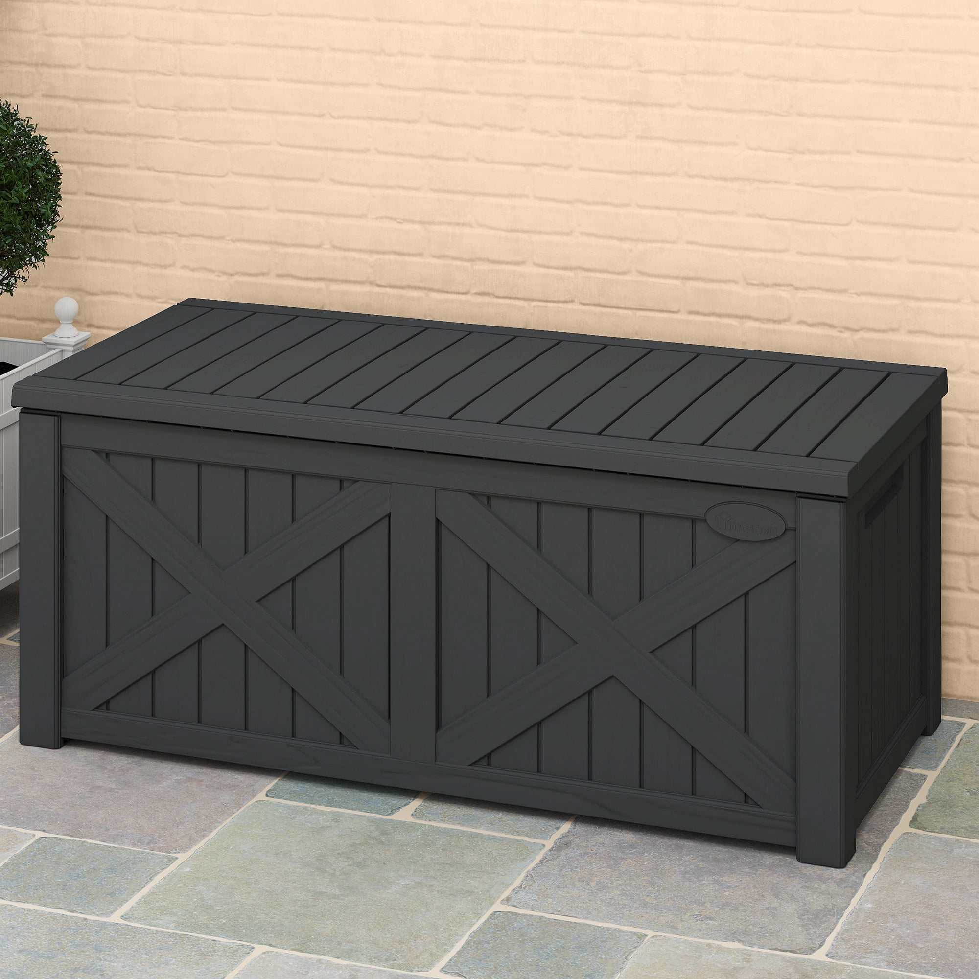 Uforic 120 Gallon Outdoor Waterproof Resin Deck Box, Weatherproof Storage Bench with 660 lbs Capacity, Dark Gray