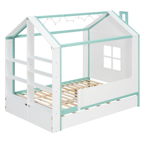 Full Size Kids House Bed Frame with Pull-Out Trundle, Foot-End Storage Shelves & Cool White LED Lights, White+Blue