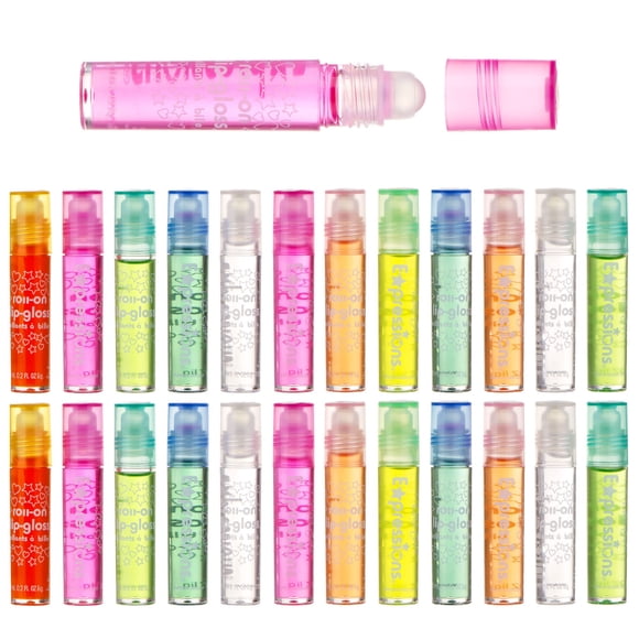 Expressions girl Juego de 24 brillos de labios enrollables con estuche de transporte Maquillaje de labios brillante para niños y adolescentes - Sabores afrutados no tóxicos Regalo de fiesta para niños