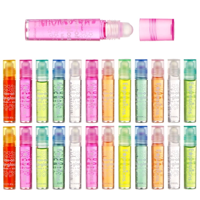Expressions girl Juego de 24 brillos de labios enrollables con estuche de transporte Maquillaje de labios brillante para niños y adolescentes - Sabores afrutados no tóxicos Regalo de fiesta para niños