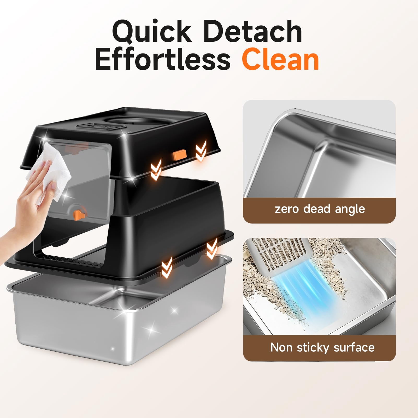Extra Large Stainless Steel Litter Box With Lid  High Sided Enclosed Metal Cat Pan Dog Proof Front Entry Top Exit Odor Control Easy Clean Leak Includes Mat Scoop & Step Black