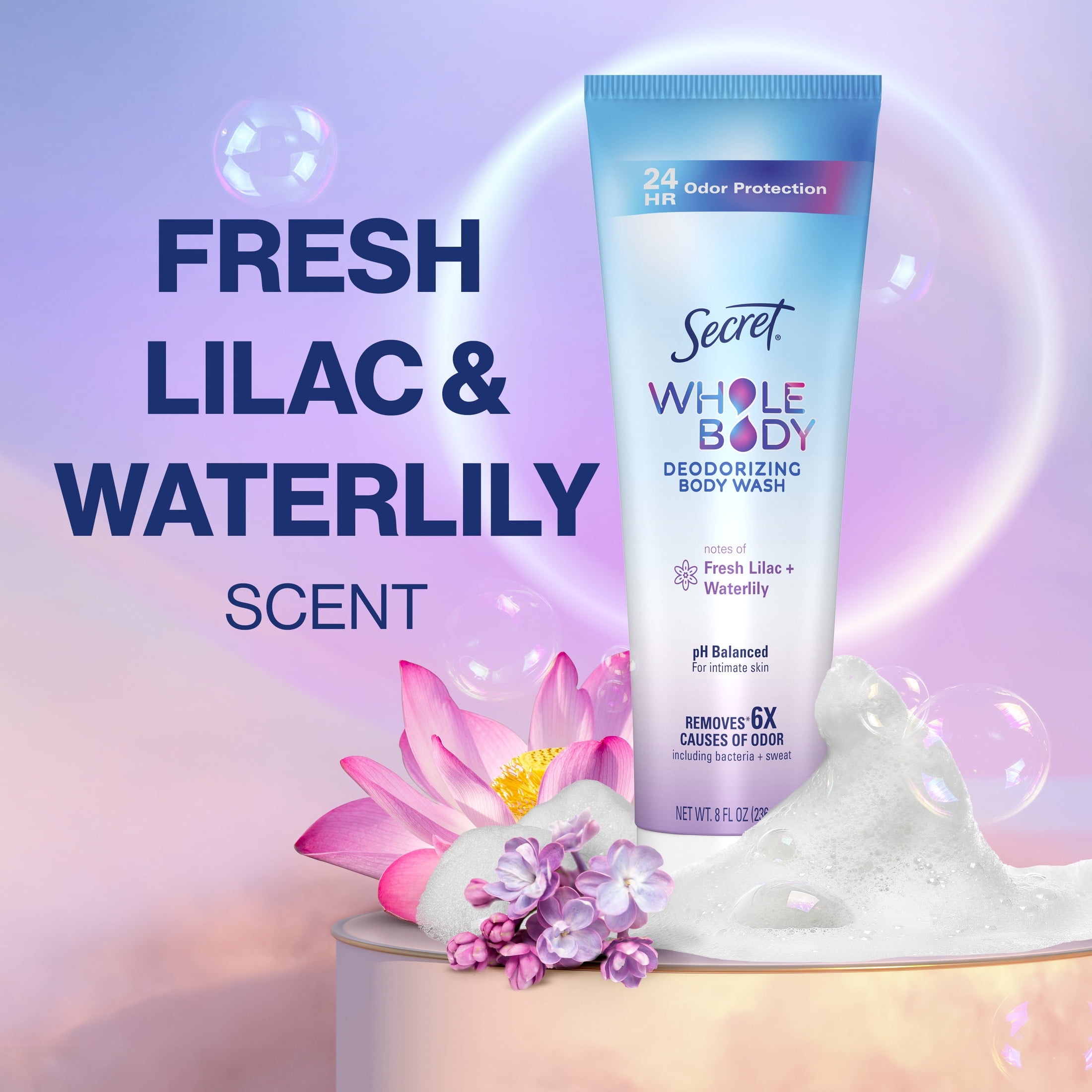 (12 pack) Secret Feminine Wash 24 HR Deodorizing Body Wash for Women, Lilac & Waterlily, 7oz