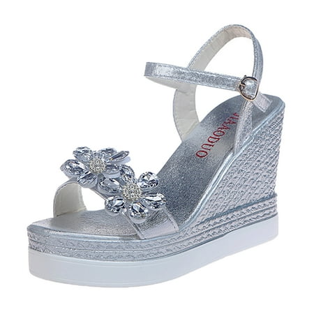 

TUOBARR Womens Wedge Sandals Women s Open Toe Casual Shoes Rhinestone Comfortable Platform Wedge Sandals Shoes Silver