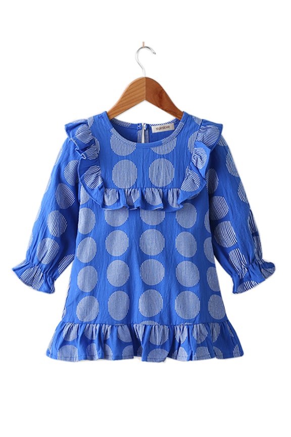 Little Girls Circle Patterned Ruffle Bell Long Sleeve Blue Dress (120/5-6 Years)