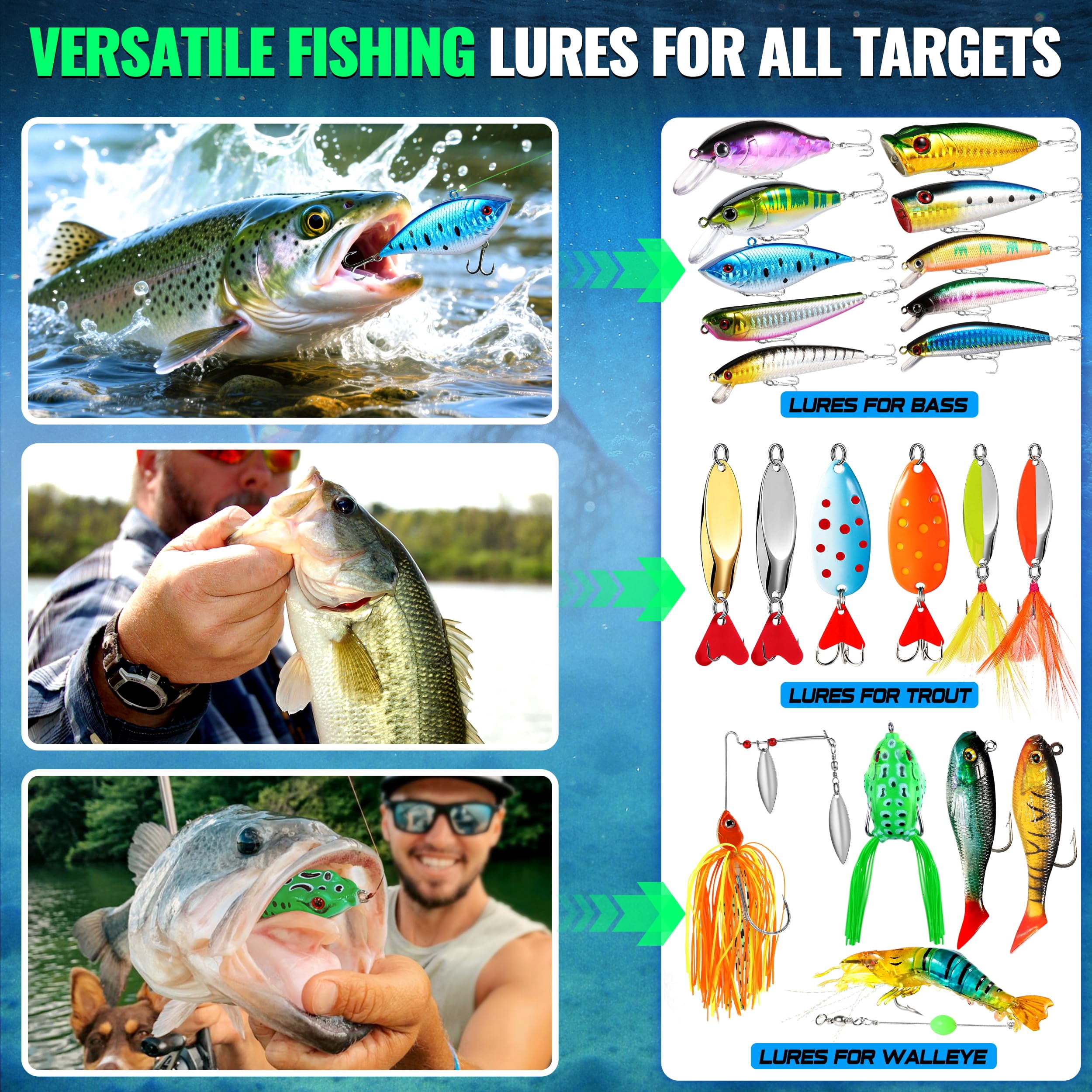 Fishing Lures Tackle Box Gifts For Men  Bass Trout Accessories Kit Saltwater & Freshwater Gear Including Topwater Hooks Spinnerbaits