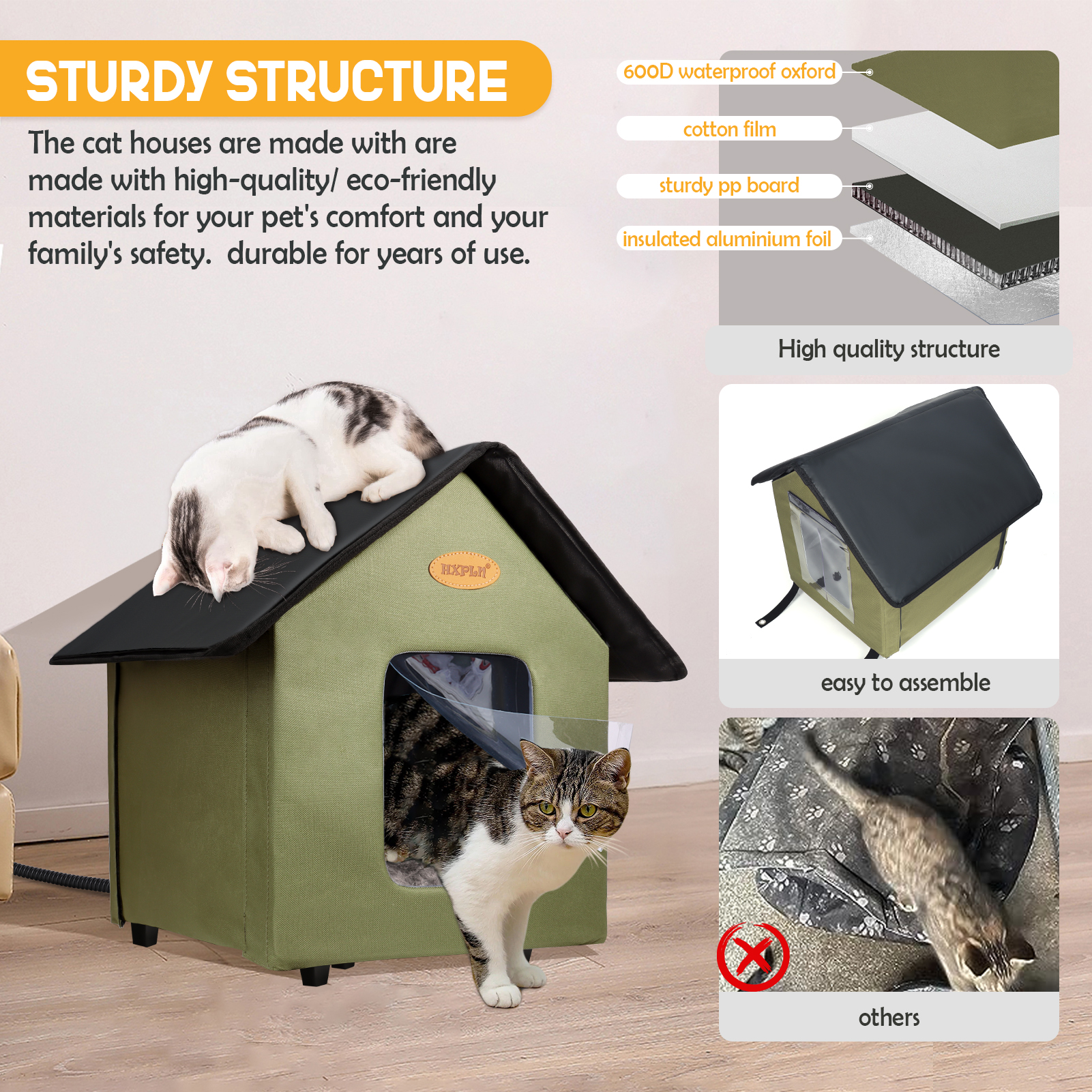 Heated Cat Houses for Outdoor Cats - Elevated Weatherproof Insulated Heated Outdoor Cat House for Winter - Feral Cat Shelter for Outside Cats - Outdoor Heated Cat House (Green)