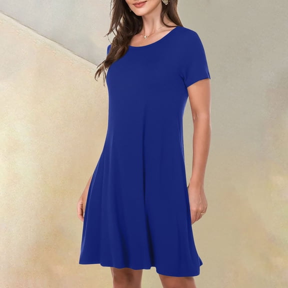 Kagetolytai Summer Dresses for Women 2024 Women's Casual Dresses Summer Short Sleeve Round Neck Women's Hem Dresses Womens Summer Dresses Royal Blue L
