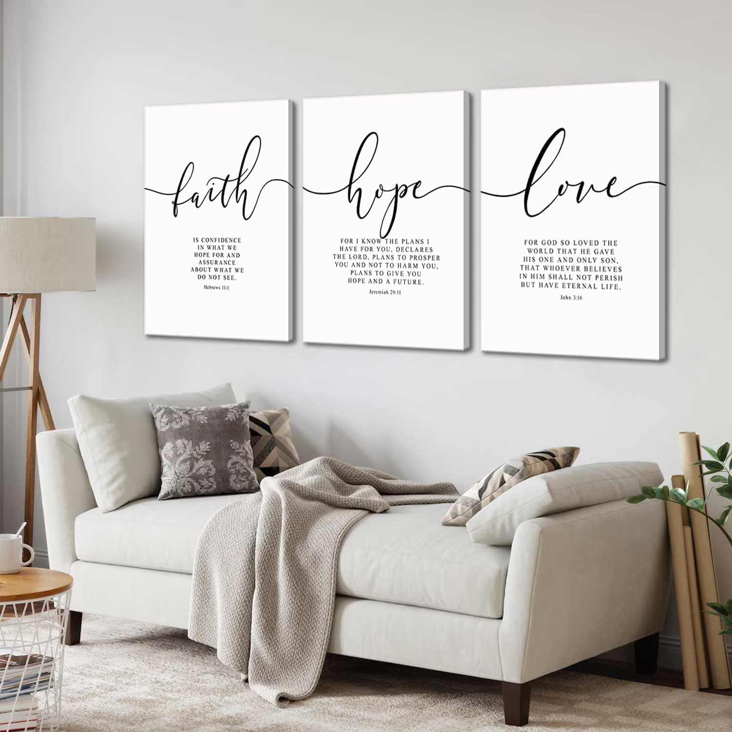 3Pcs Framed Faith Hope Love Bible Verse Canvas Wall Art Christian Scripture Quote Posters Prints Inspirational Religious Wall Decor Pictures Paintings for Living Room Bedroom Home Decoration