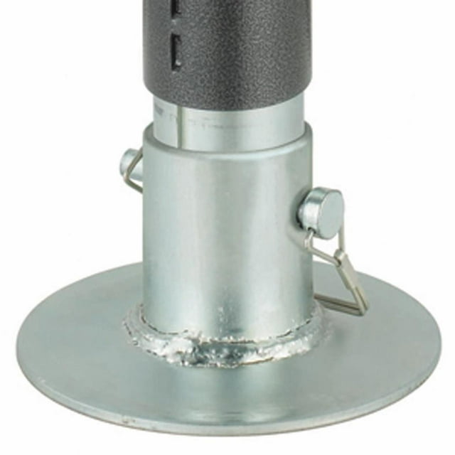Husky Towing Trailer Tongue Jack Foot Plate 87491 Brute, a replacement 2-inch foot pad for 3000-pound jacks. The image highlights a sturdy circular metal base with secure pin attachments, designed for stability and easy installation. Suitable for automotive tongue jacks.