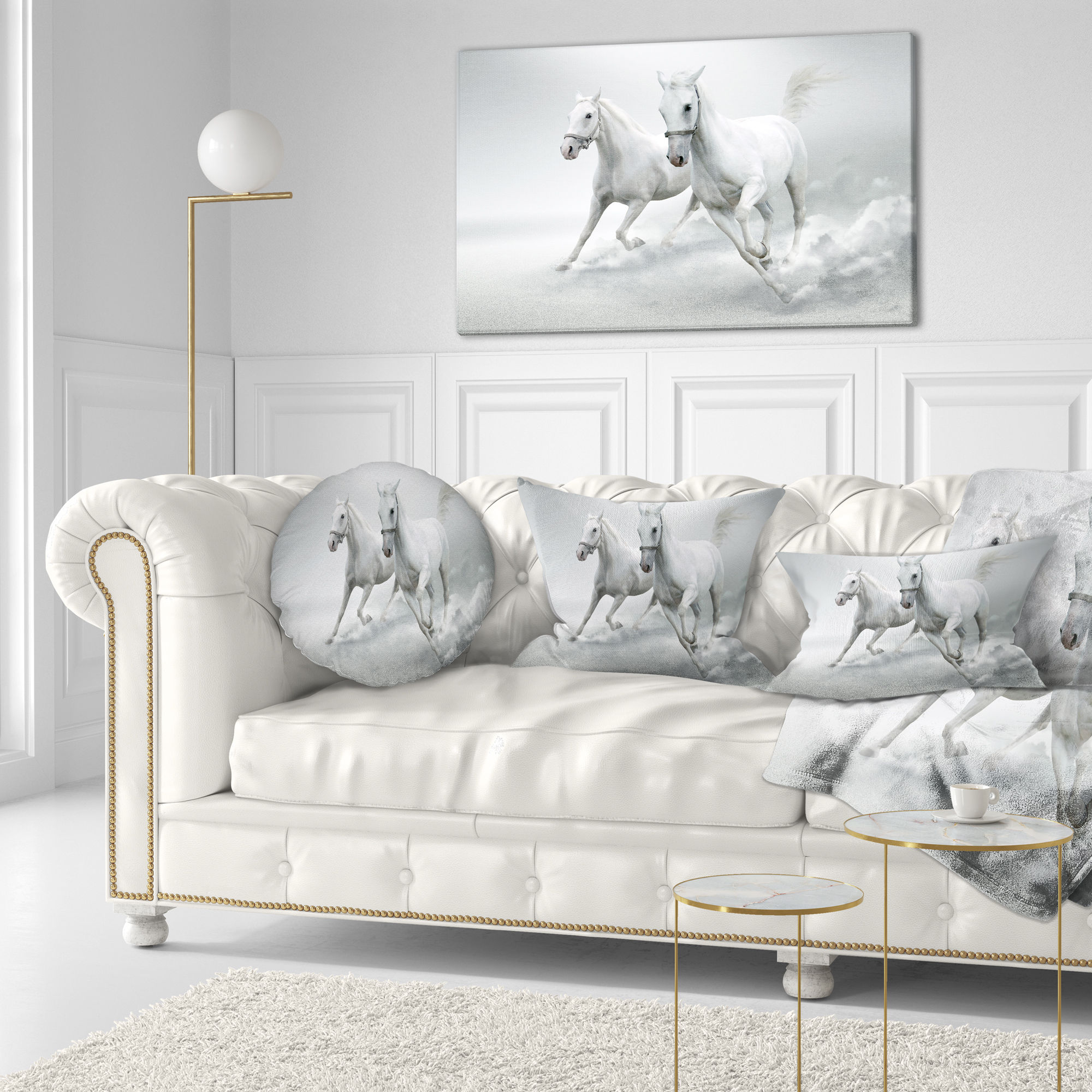 Designart Running White Horses - Animal Throw Pillow - 12x20