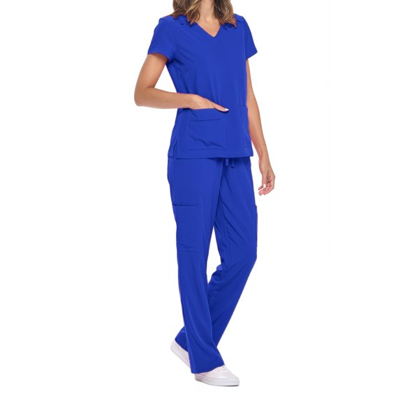 Ohufall Medical Nurse Uniform for Women 2 Piece Solid Scrubs Set Lightweight Comfy Short Sleeve V-Neck Tunics with Elastic Drawstring Waist Pants