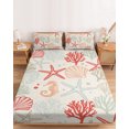 thumbnail image 2 of Full Size Fitted Sheet Set - Red Orange Coastal 3 Piece Bedding Sets 16" Deep Pocket Fitted Sheet with 2 Pillowcases Summer Beach Starfish Coral Nautical Rustic Brushed Microfiber Hotel Bed Sheets, 2 of 9