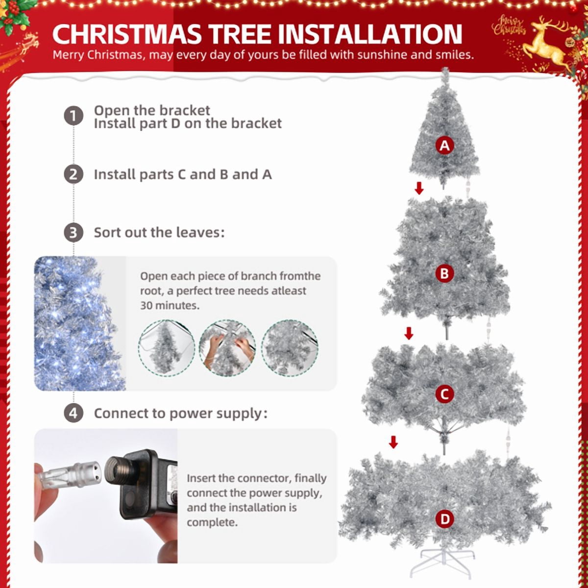 8ft Pre-lit Silver Christmas Tree with 500 Lights & Remote, 1350 Branch Tips, Artificial Xmas Tree for Home/Office Holiday Decor