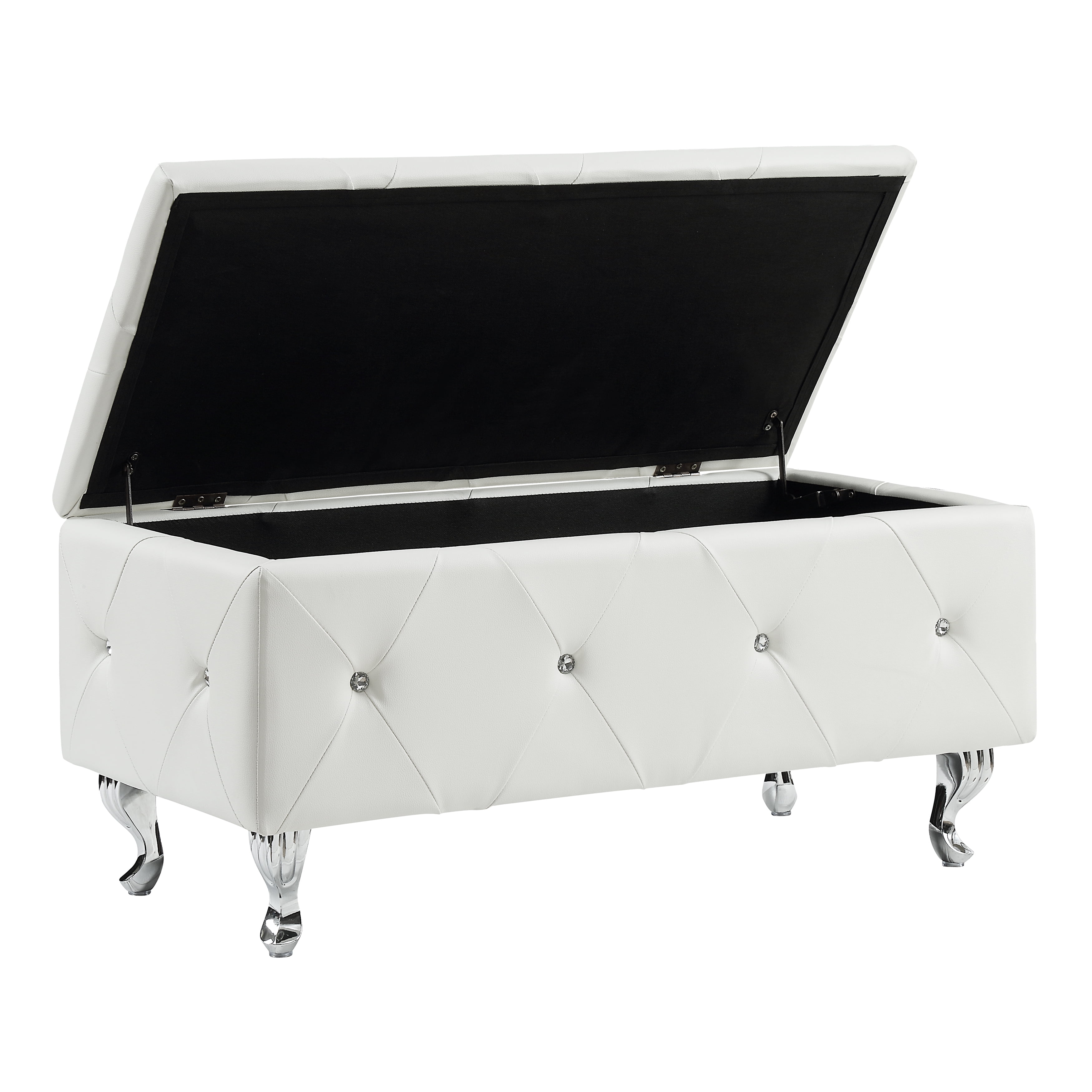 Tufted Bonded Leather Storage Bench, Upholstered Ottoman with Crystal Decor, Hardwood Frame Hidden Storage Bench for Bedroom, Entryway and Living Room