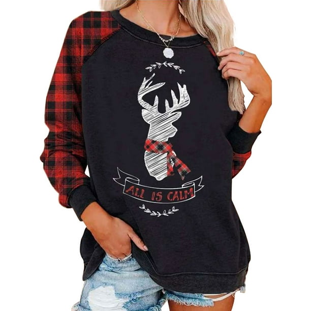 UKAP UKAP Womens Christmas Plaid T Shirt Splicing Plaid Top Raglan