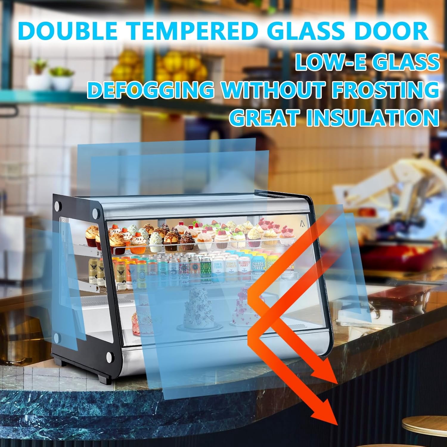 IdealHouse Commercial Cake Display Refrigerator, 6.5 Cu.Ft Merchandiser Fridge with LED Lighting, Double-Layered Glass Door, Universal Wheels, Countertop or Floor Showcase, Ideal for Restaurant
