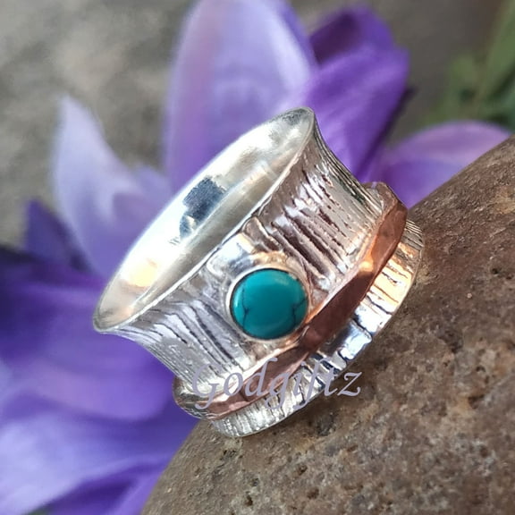 Turquoise Ring, Tear Drop Spinner Ring, Sterling Silver Ring, Meditation Ring, Thumb Ring, Natural Turquoise, Three Tone Ring, Worry Ring