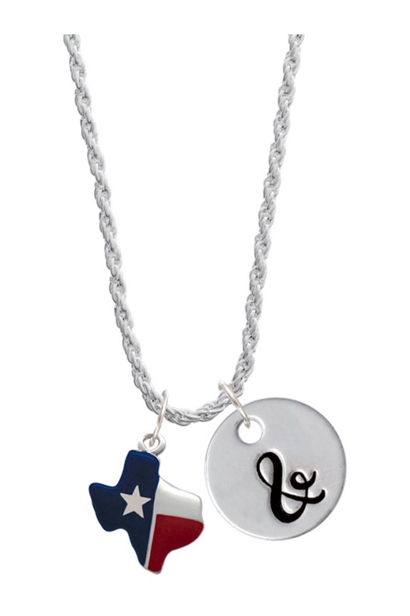Silvertone Red and Blue Texas Silvertone Script Initial Disc - & - Charm Necklace, 20"+3"