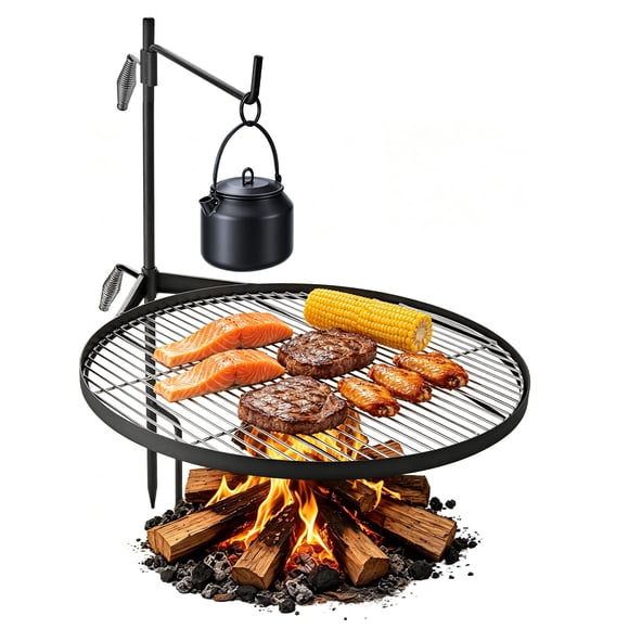 VEVOR Heavy Duty Swivel Campfire Grill, 24.4" Round Portable Camping Grill Grate, Sturdy Steel BBQ Mesh, 360° Height Adjustable Over Fire Pit with Support Rod,Black