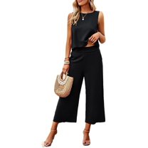 Women's Cotton and Linen blend 2-Piece Set: Sleeveless Crop Top & Wide Leg Pants  Summer Outfit Size Up for Relaxed Fit S-XL